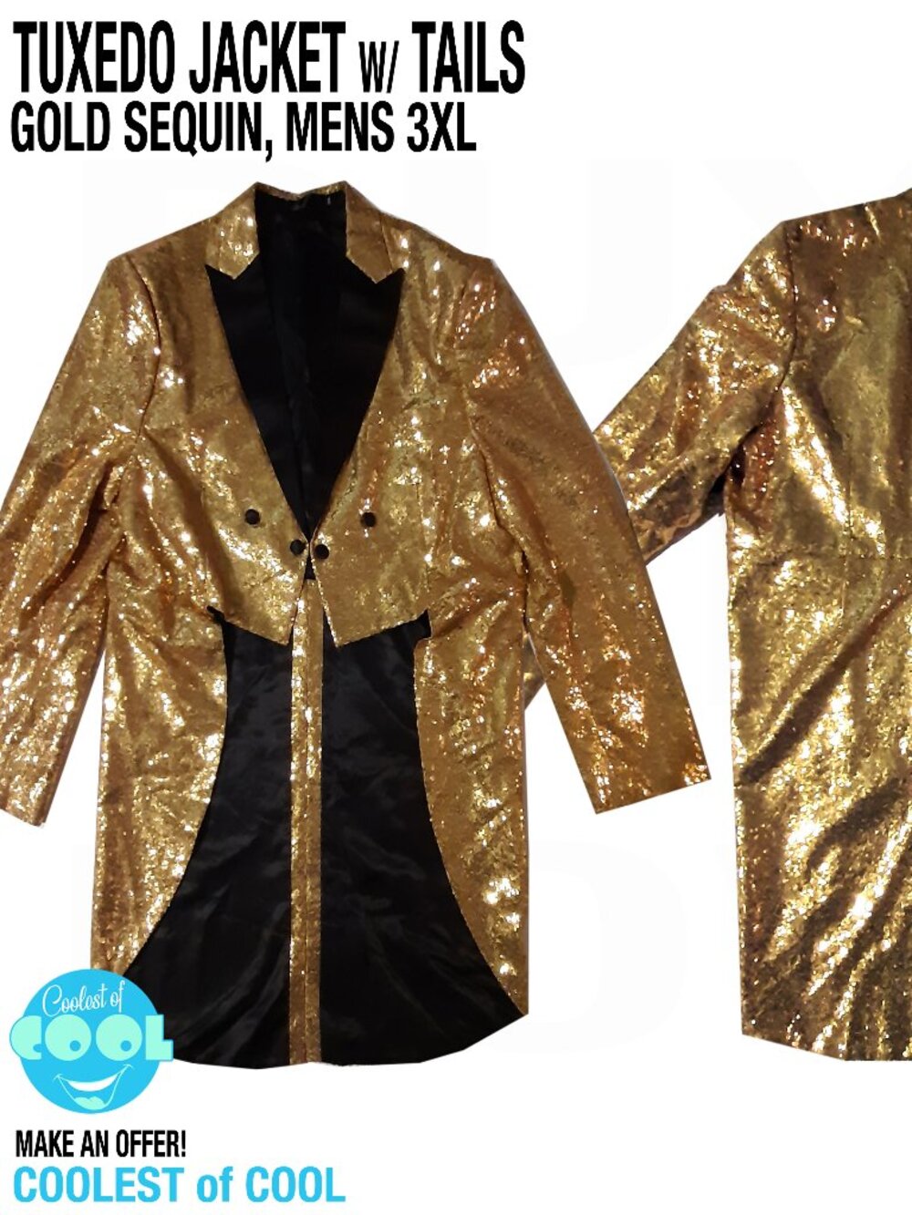mens 3XL gold sequin tuxedo jacket size 48 tailcoat double breasted suit nice